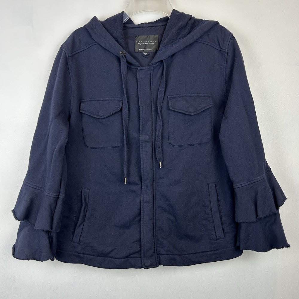 Sanctuary Hooded Jacket Size Small Life Adventure Zip Ruffle Bell Sleeve Navy